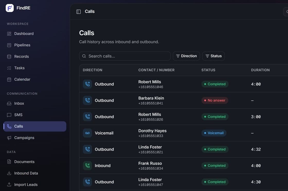 FindRE call history with inbound and outbound calls and their status