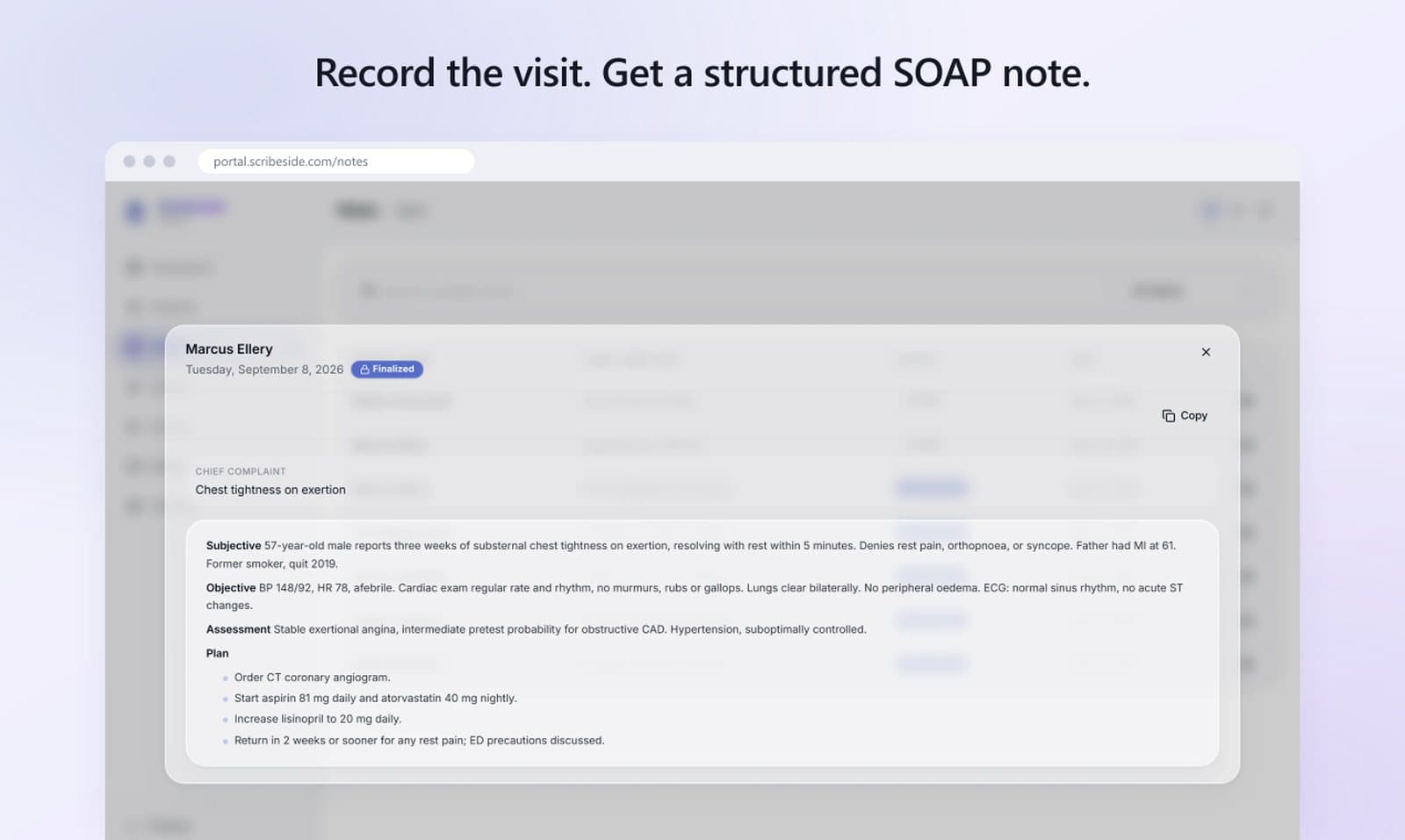 Scribeside showing a finished structured clinical note